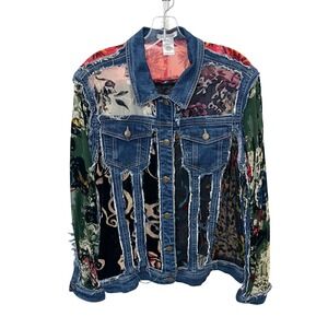 John Mark Mixed Media Denim Jacket Large Floral Burnout Velvet Patchwork Boho